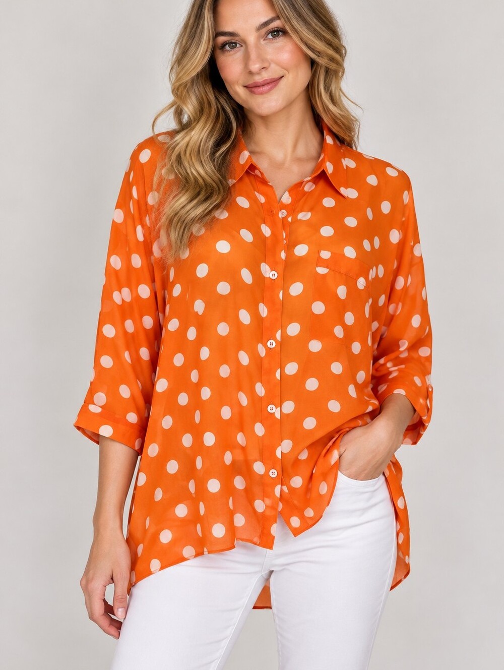 UMGEE Orange Polka Dot Oversized Button-Up Sheer High Low Shirt